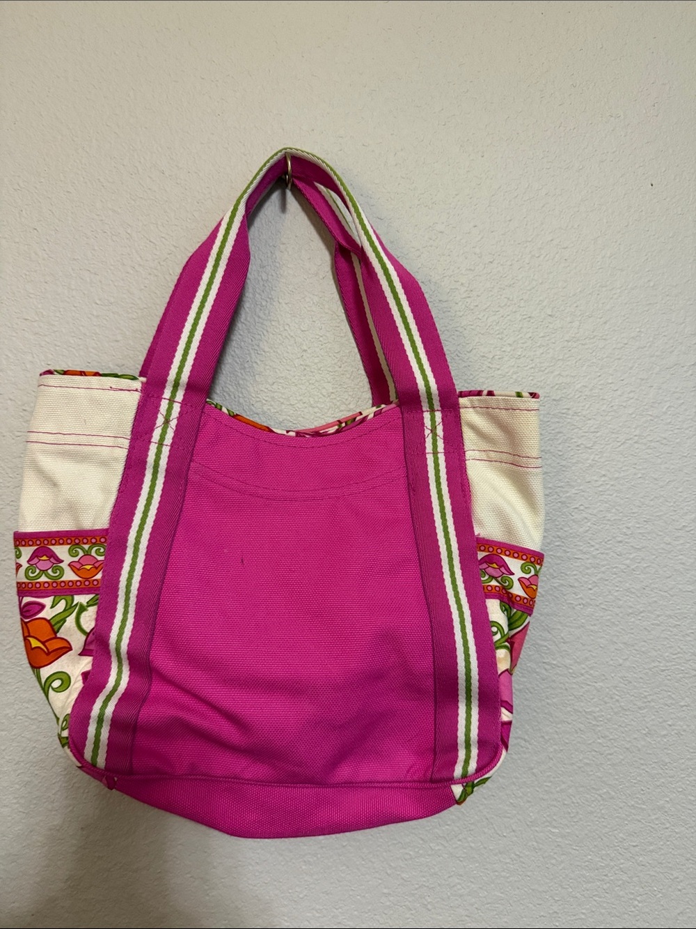 Vera Bradley Hot Pink Canvas Tote with Floral Side Panels